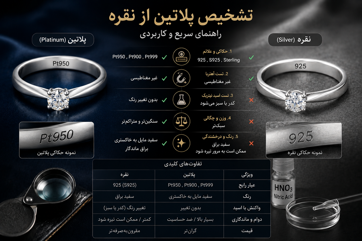 پلاتین یا نقره؟ 8 روش تشخیص این دو فلز که باید بدانید