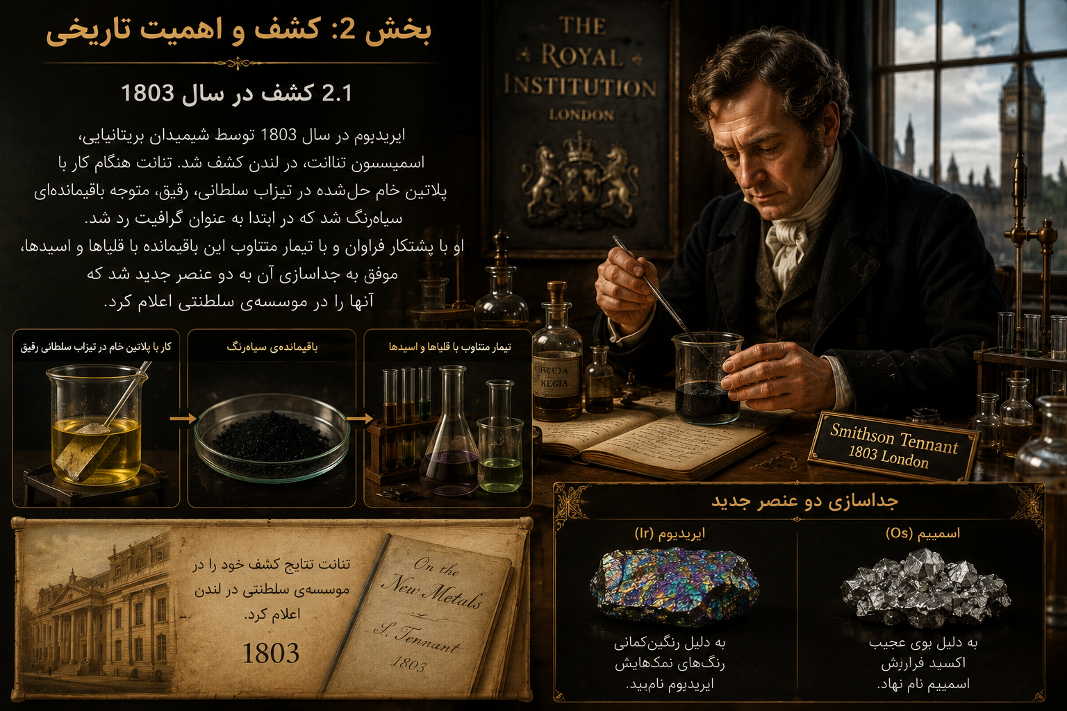 ایریدیوم در سال 1803 توسط شیمیدان بریتانیایی، اسمیتسون تنانت، در لندن کشف شد . تنانت هنگام کار با پلاتین خام حلشده در تیزاب سلطانی رقیق، متوجه باقیماندهای سیاهرنگ شد که در ابتدا به عنوان گرافیت رد شد